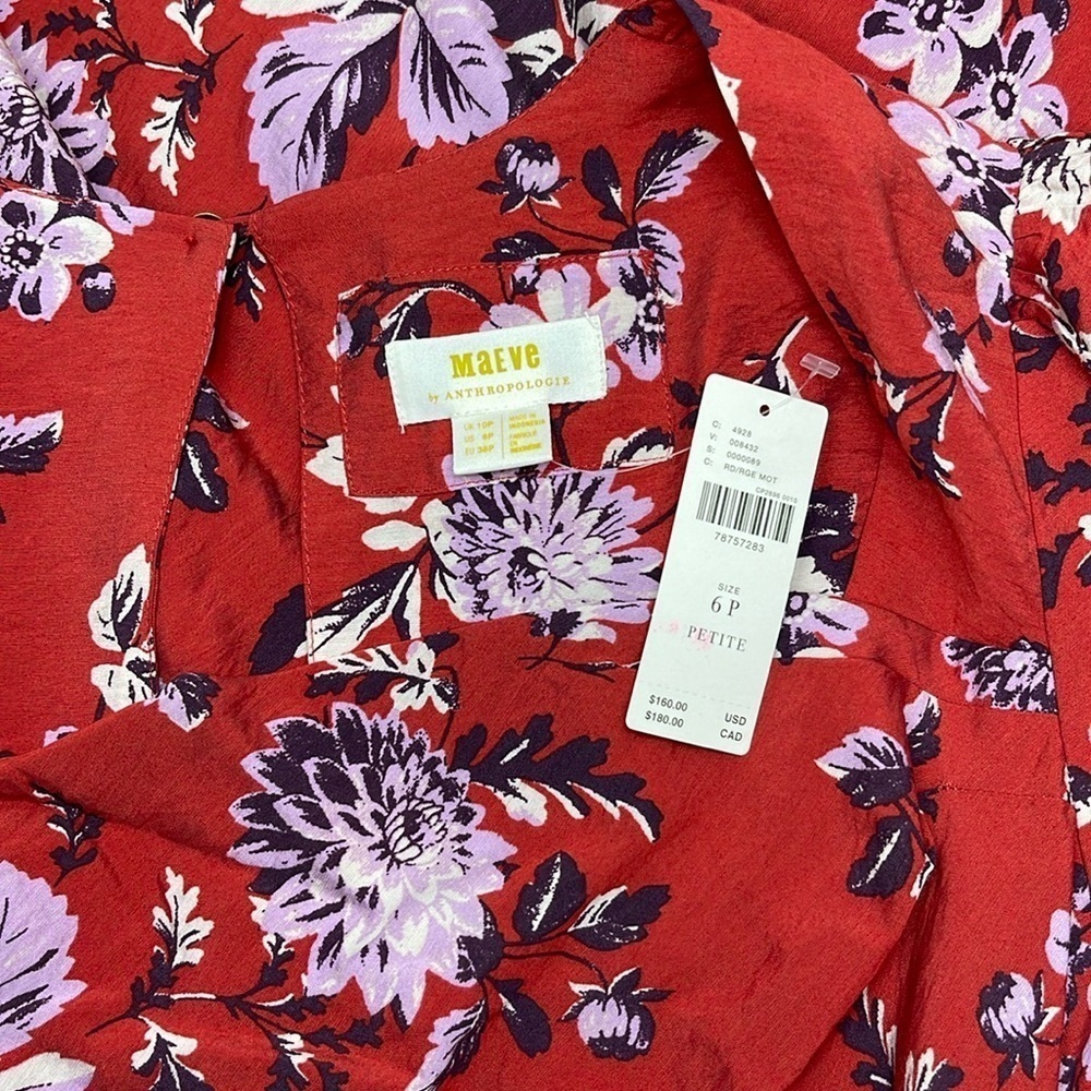 Maeve Anthropologie Red Floral Puff Sleeve Midi Dress 6P Petite High-Low - Picture 9 of 17